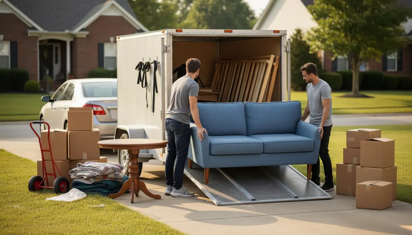 Fire hjælpere læsser sofa, seng og cirka ti flyttekasser ind i en åben trailer på en solrig indkørsel.