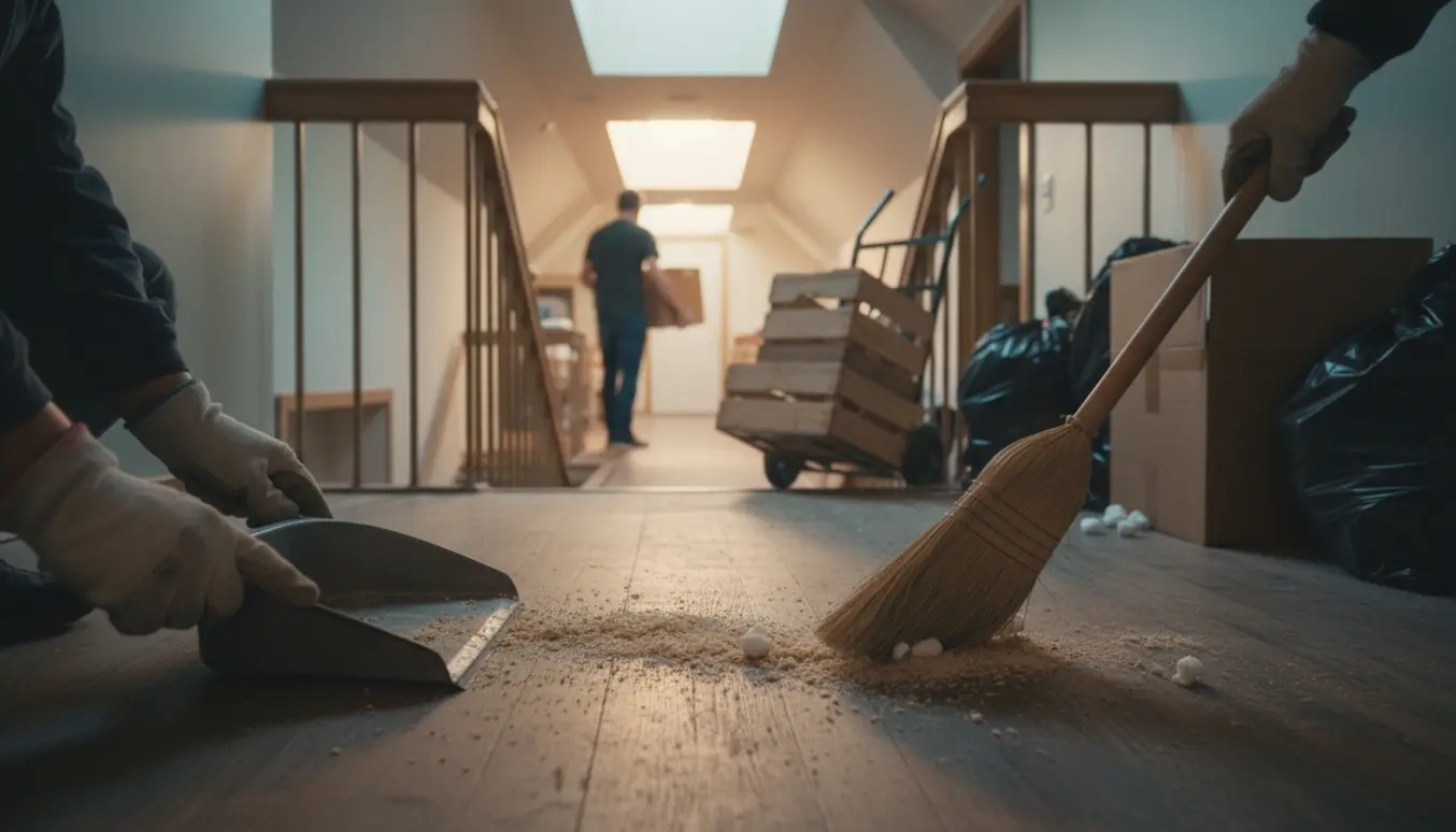 Rydning af fælles trapper og loftegang med kost, kasser og affaldssække i naturligt dagslys.