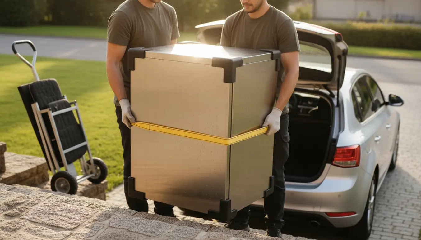 To personer bærer en rustfri fadølsanlæg ned ad en kort trappe mod en åben bagklap på en parkeret bil.