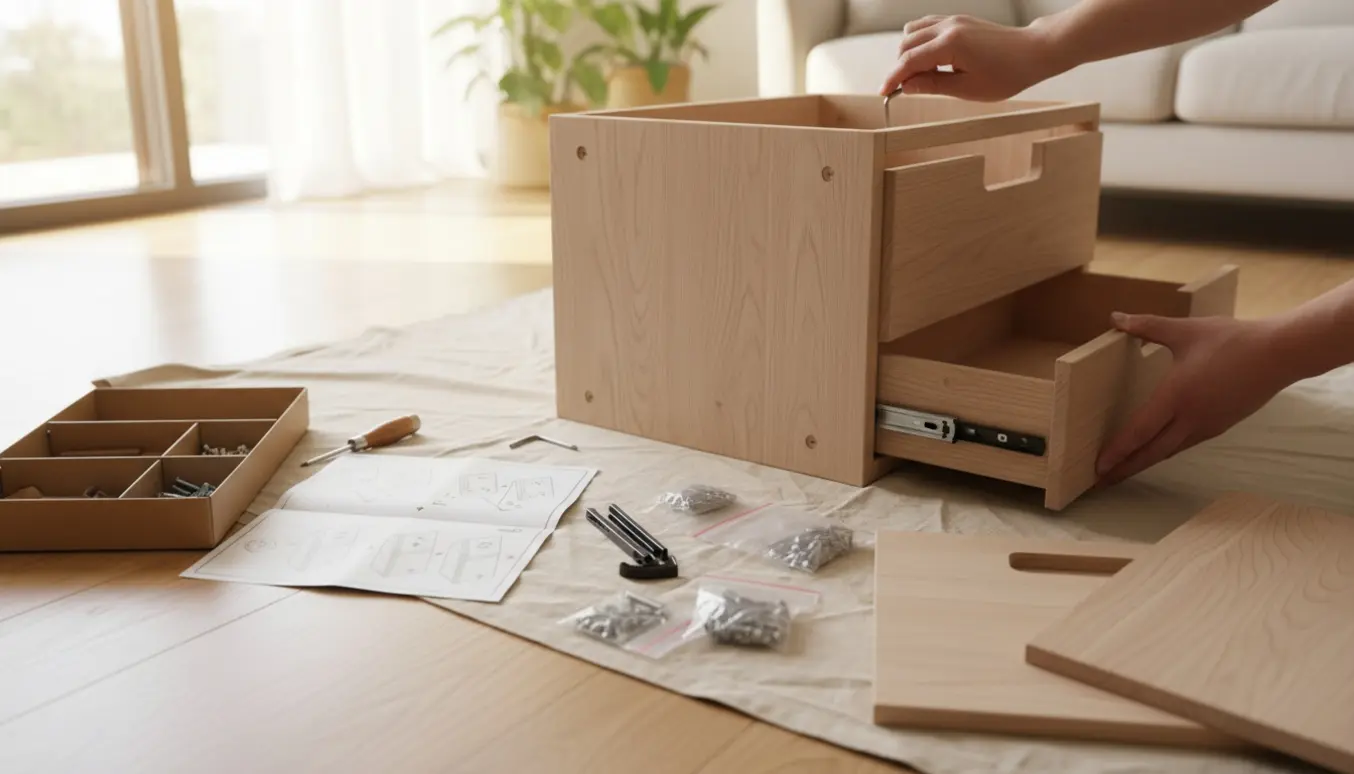 Hænder samler en moderne fladpakket kommode i en lys stue med værktøj og reservedele omkring.