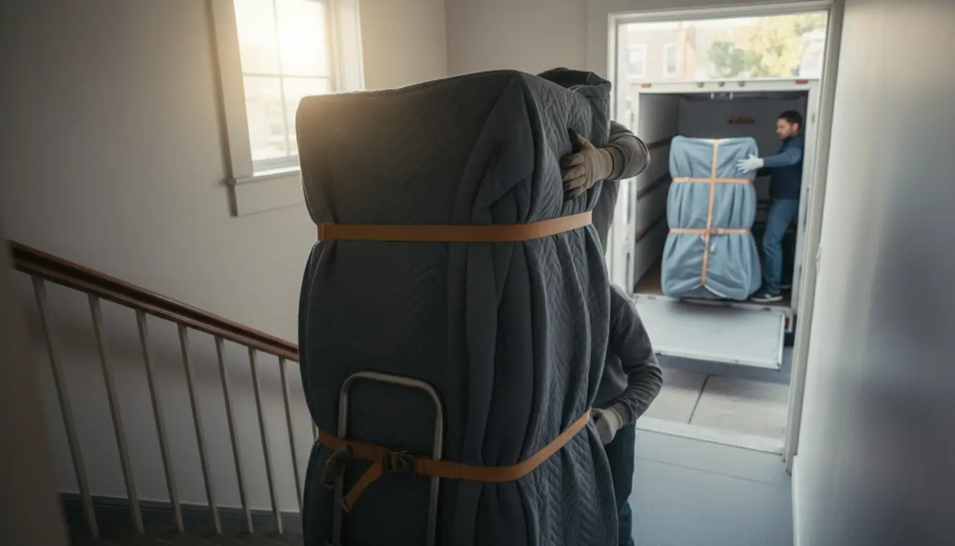 Et ældre køleskab på cirka 160 cm bæres forsigtigt ned ad en trappe indpakket i flyttetæpper og sikret med stropper.