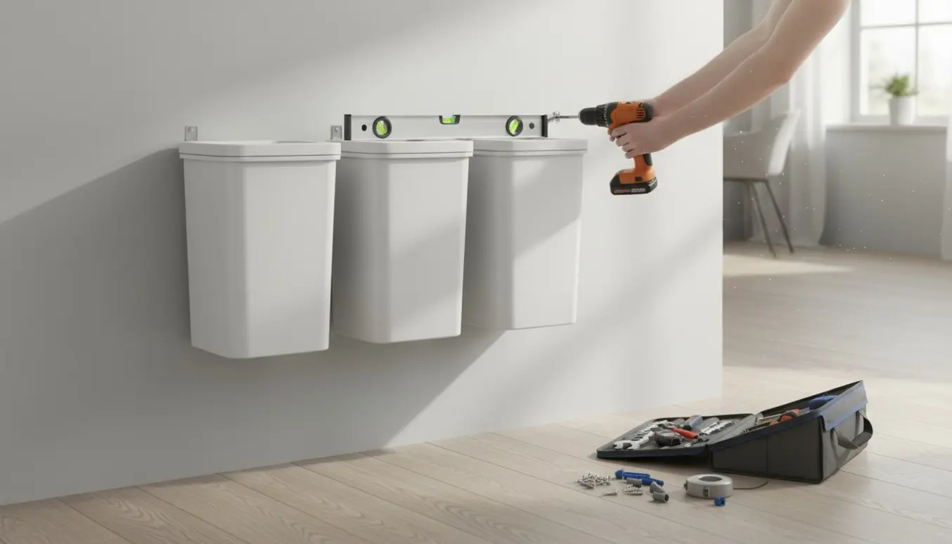 Tre væghængte affaldsspande monteres side om side, hænder holder en boremaskine og monteringsmaterialer ligger klar.