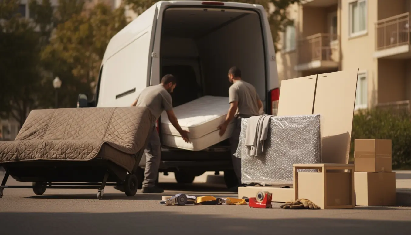 Flyttefolk læsser sovesofa, fladskærm, dobbeltseng og lette flyttekasser ind i en flyttevogn.