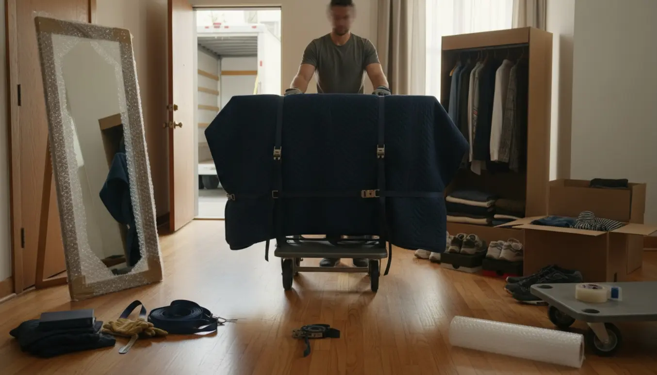Et pågående flyttescene med pakket tøj, et indpakket spejl, en 55-tommer fladskærm på en flyttedolly og sko på trægulvet.