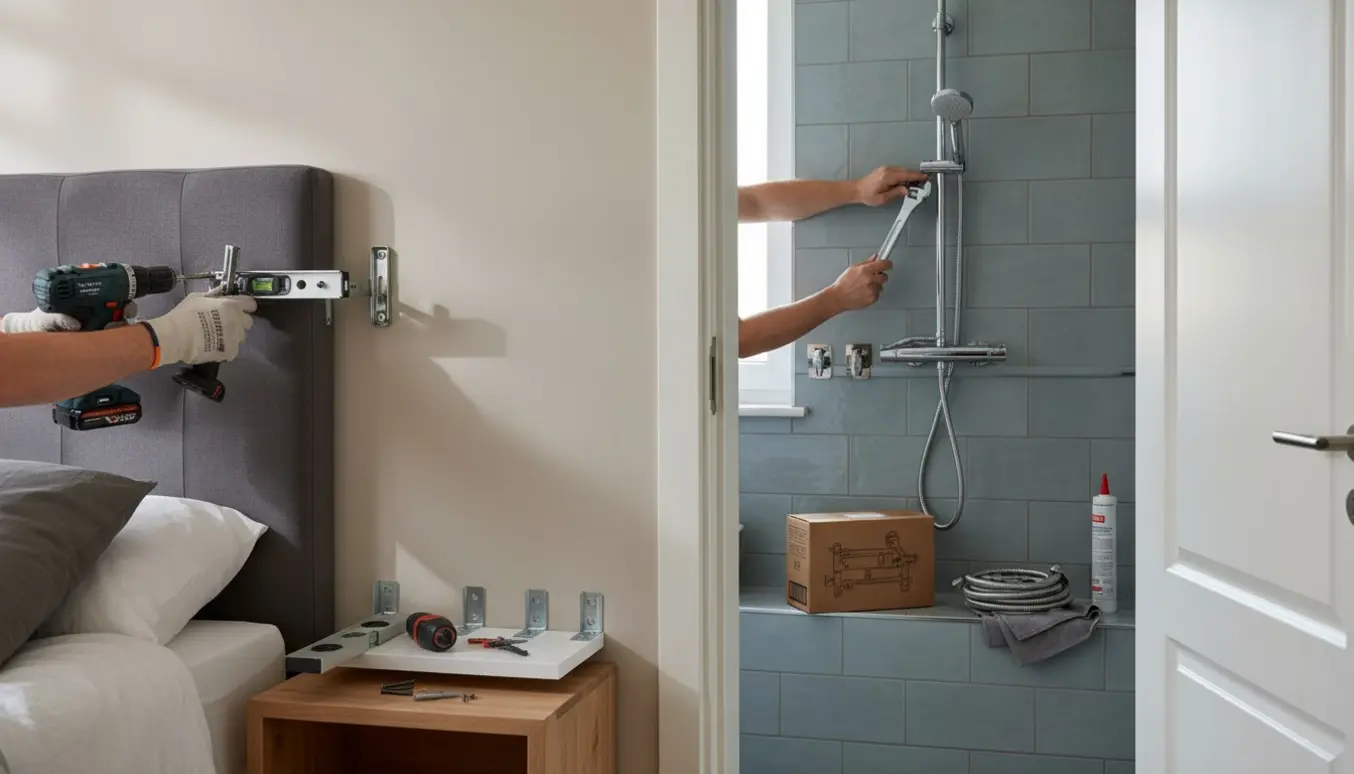 Hænder monterer en sengegavl og installerer et nyt krom brusesæt i et lyst hjem uden synlige ansigter.