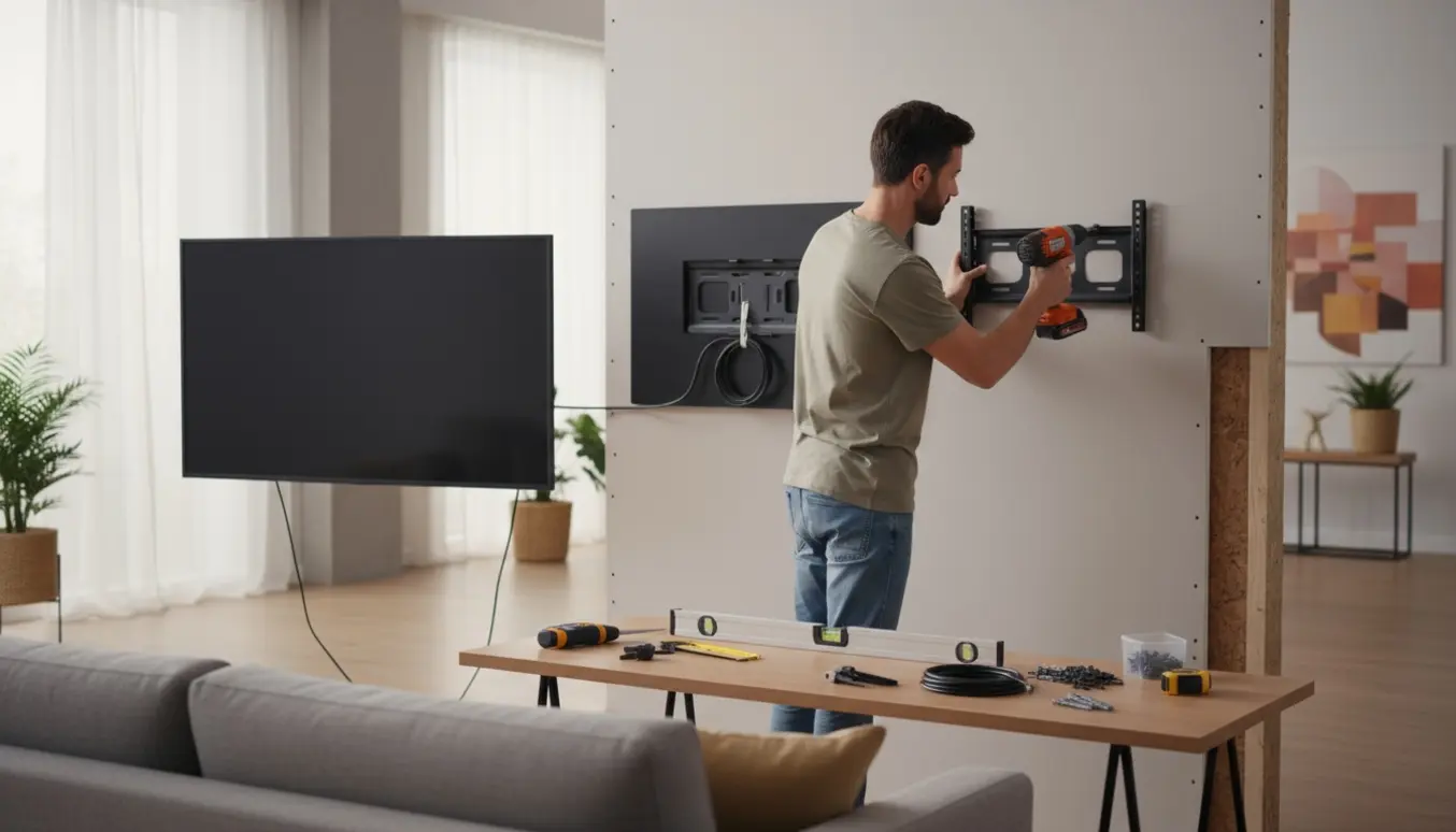 Hænder monterer to fladskærms-tv på en gipsvæg i en lys, moderne stue.