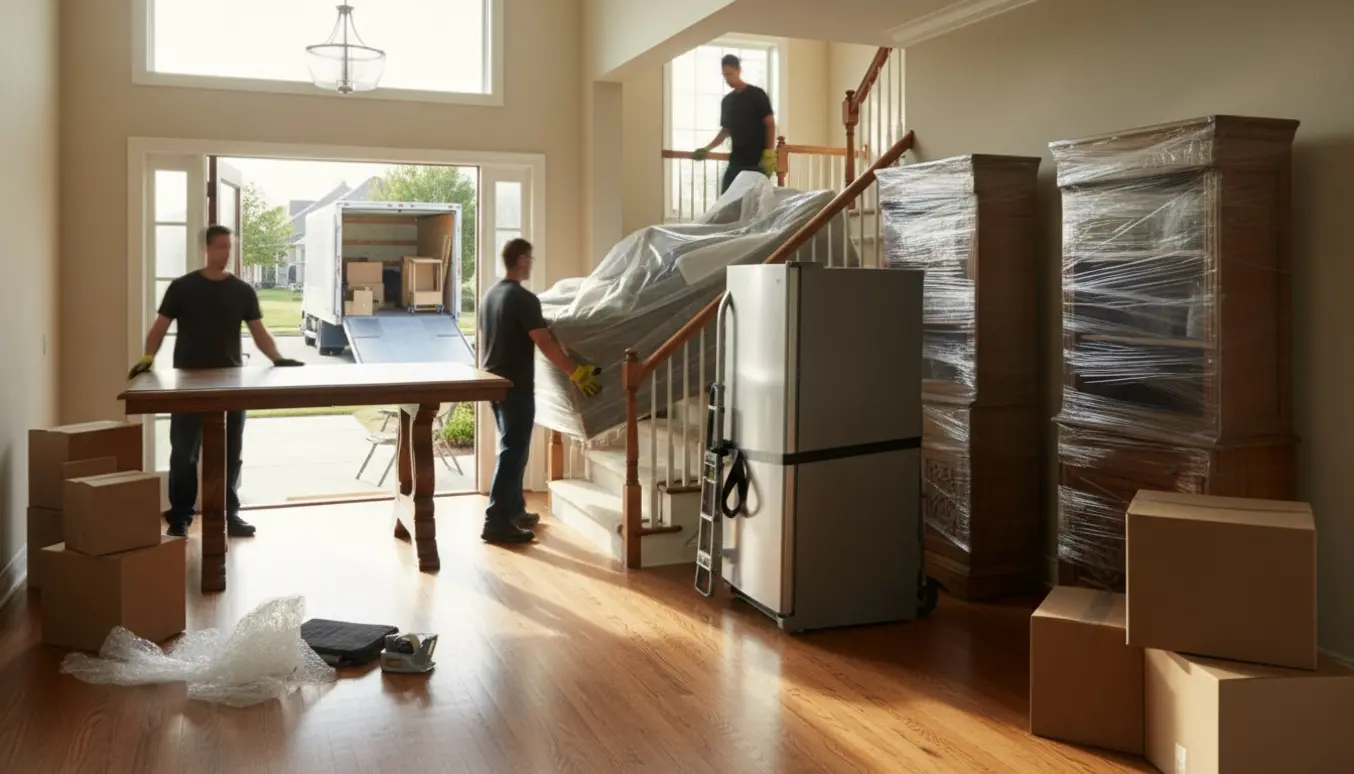 Flyttefolk bærer møbler og stabler papkasser gennem husets entré med trapper og en flyttebil udenfor.