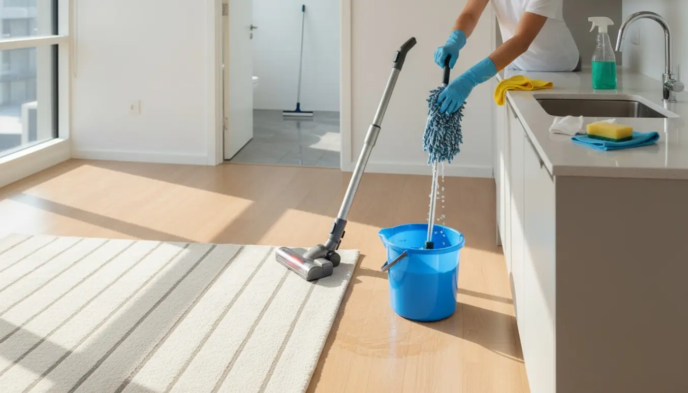 Hænder støvsuger og vasker gulv i en lys, tom lejlighed med rengøringsudstyr.