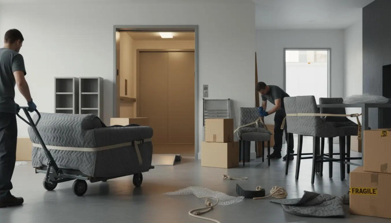 Indpakkede møbler og omkring 22 flyttekasser ved en åben elevator, flyttefolk arbejder med en håndvogn.