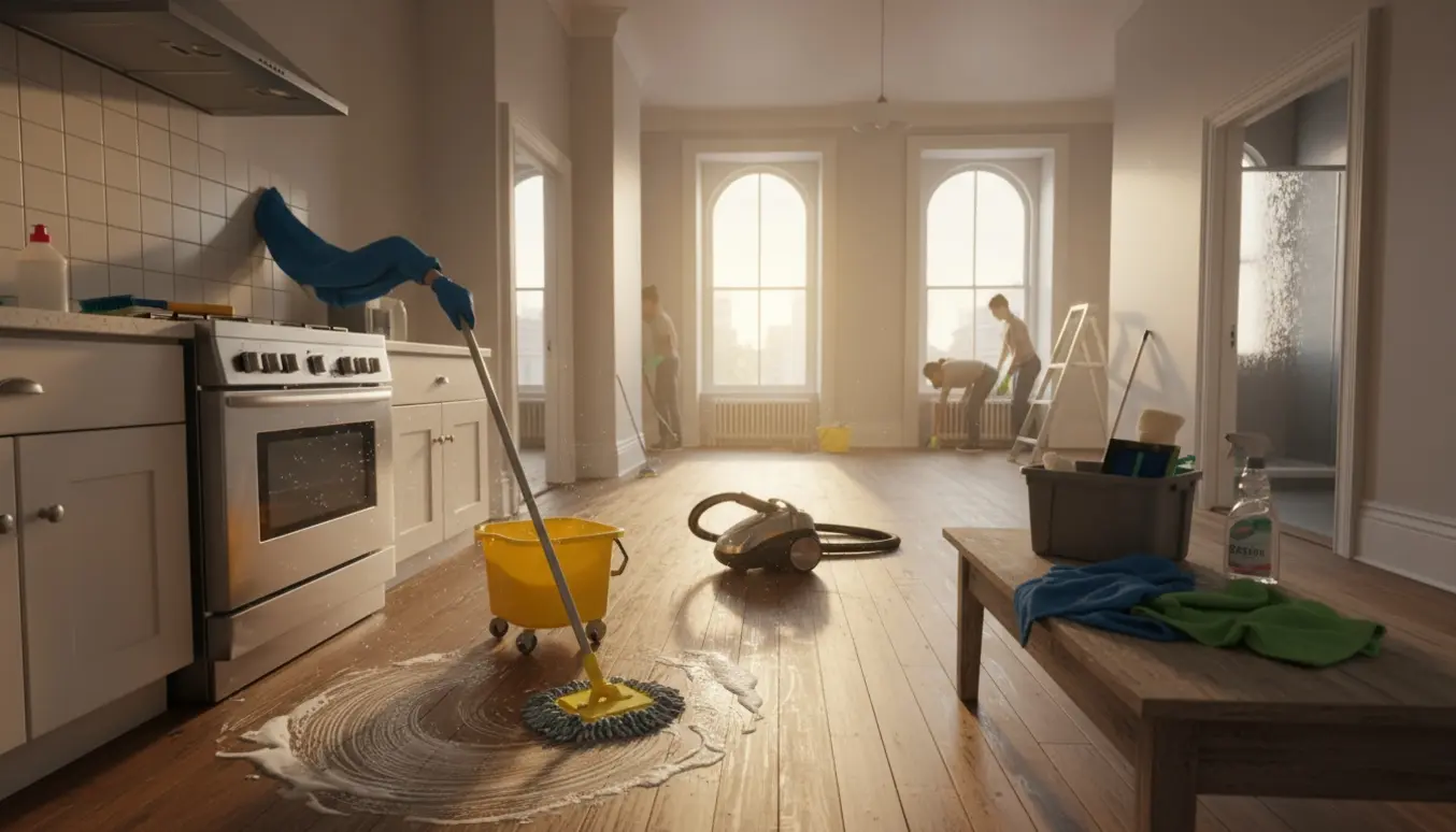 Stor lejlighed under grundig rengøring med moppe, støvsuger, handsker og rengøringsmidler i brug.