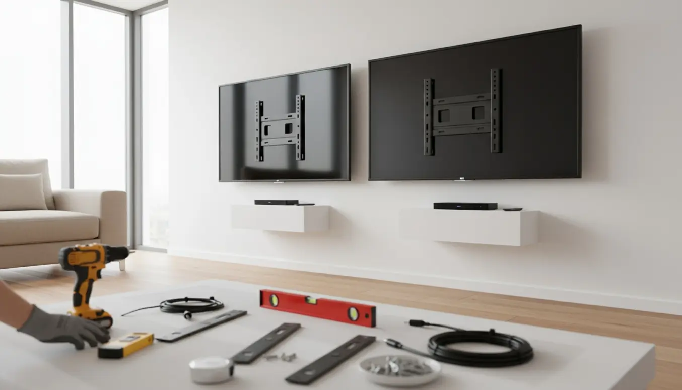 To fladskærme monteret på en stuevæg med to hylder til bokse og fjernbetjeninger.