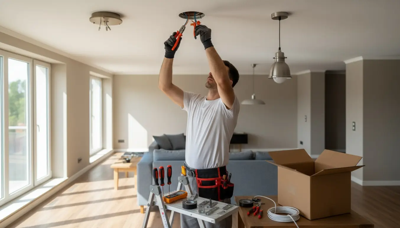 Elektriker set bagfra, der monterer og flytter lamper i en lys stue.