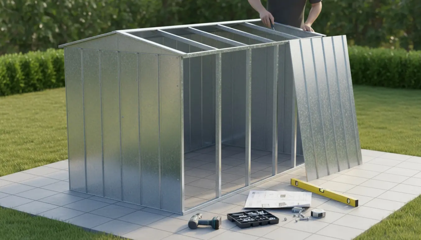 Delvist samlet galvaniseret stål haveskur på fliser med værktøj og hænder, uden synlige ansigter.