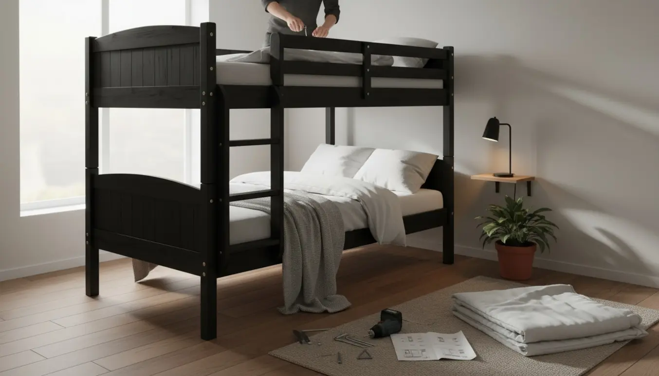 Sort køjeseng i massivt fyrretræ (90x200 cm) i lyst værelse, med hænder der samler den.