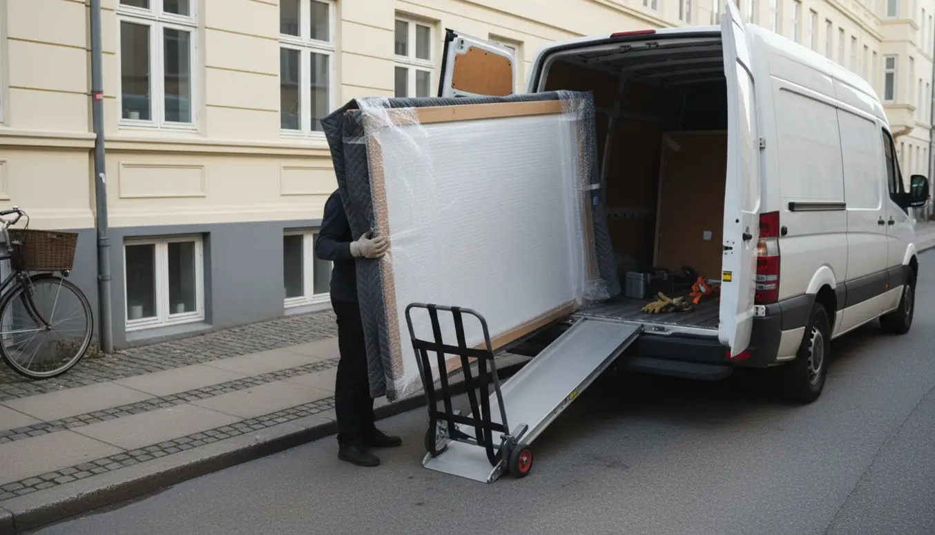 To personer læsser et stort indpakket whiteboard ind i en varevogn uden for en lejlighedsbygning.