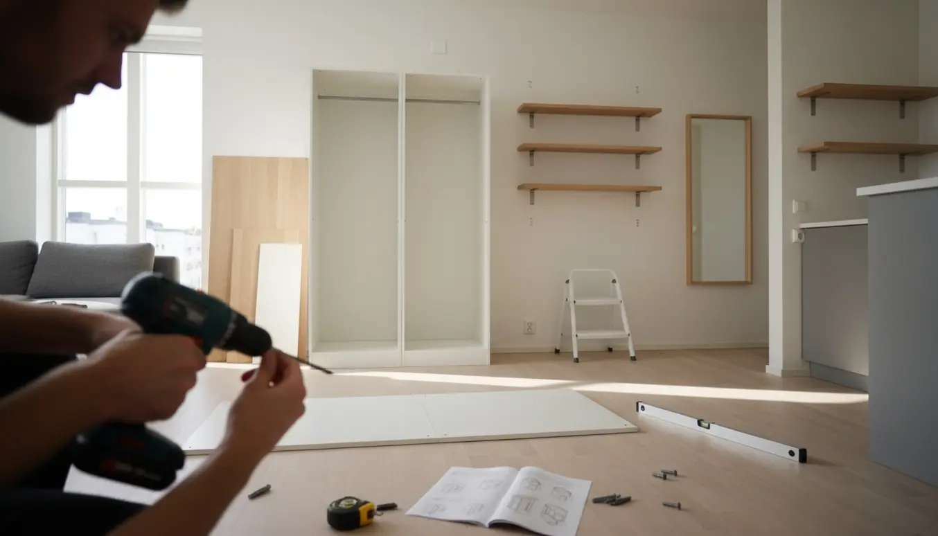 Hænder samler et højt Pax-skab mens tre vægreoler, et spejl og to køkkenhylder er ophængt i en lys lejlighed.