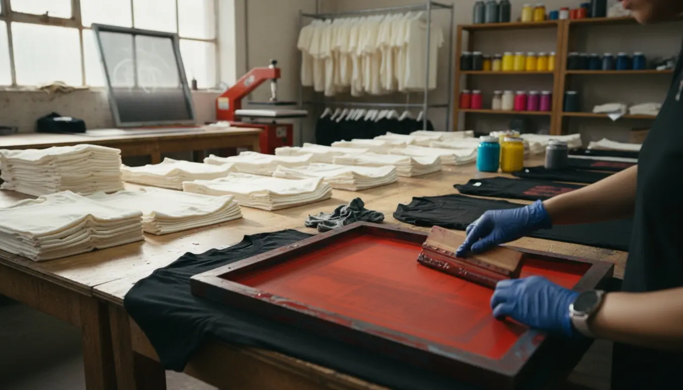 Arbejdsbord i et t-shirt-tryk med hænder, der trækker en squeegee over en trykramme, og rækker af blanke og nytrykte t-shirts i naturligt lys.
