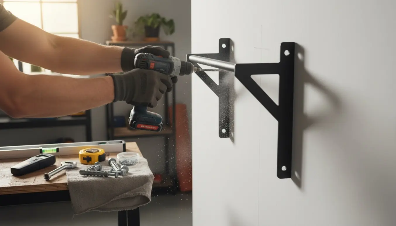 Hænder monterer et pull-up stativ på væggen med boremaskine, vaterpas og mål.