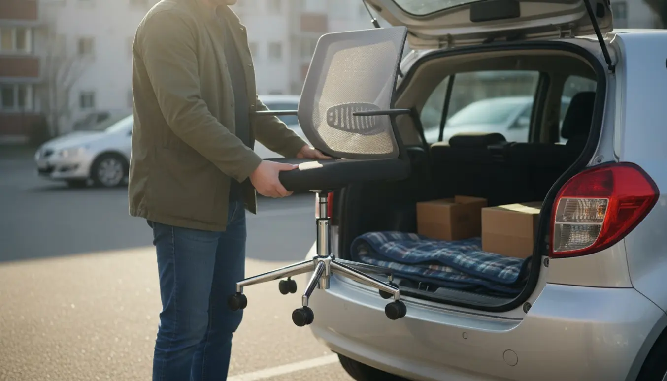 En person læsser en let drejestol ind i bagagerummet på en lille bil, uden at ansigtet ses.