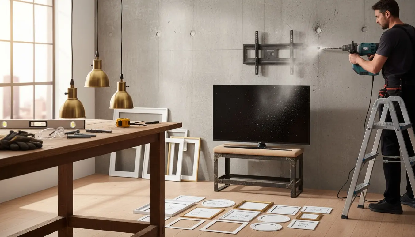 Nogen borer i en hård betonvæg for at montere loftslamper, tv-beslag og billedrammer med værktøj og rammer klar på gulvet.