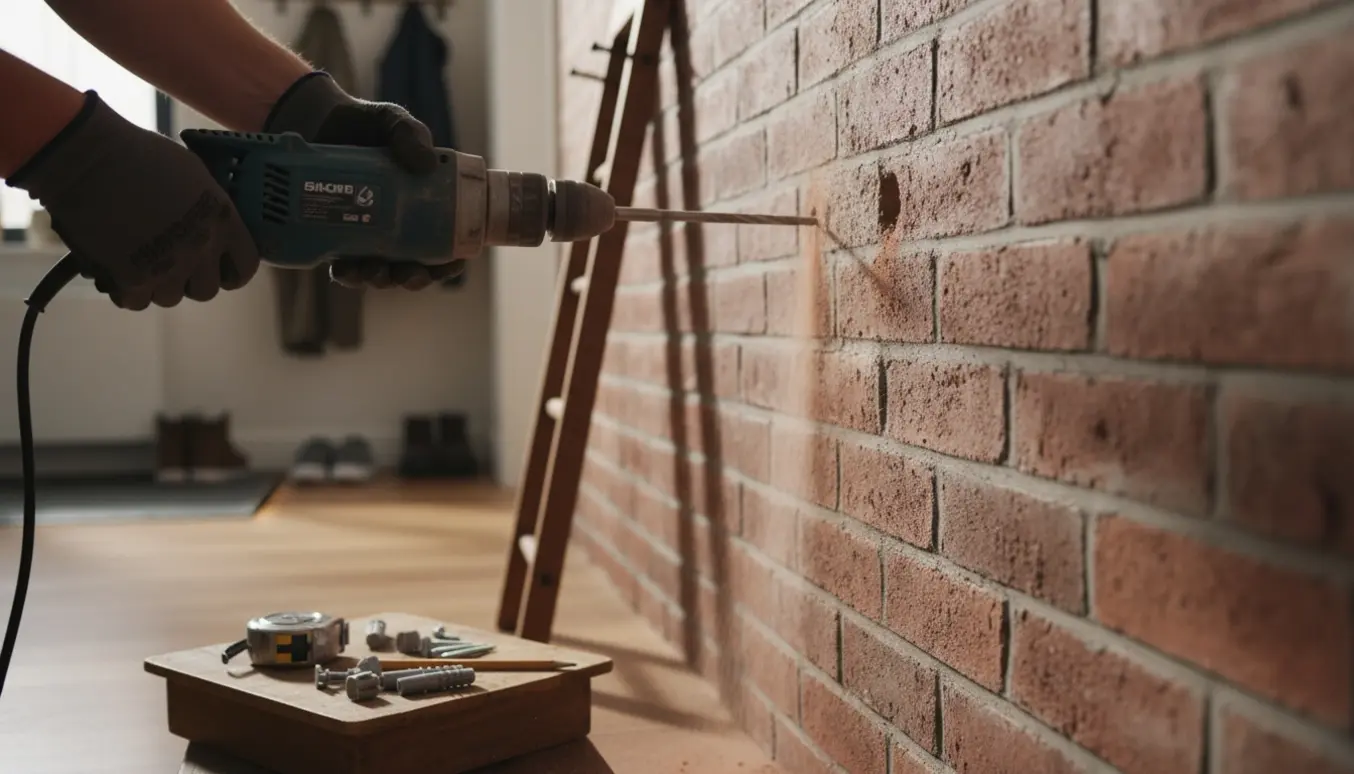 Nærbillede af en boremaskine, der laver tre huller i en murvæg til opsætning af en knagerække.