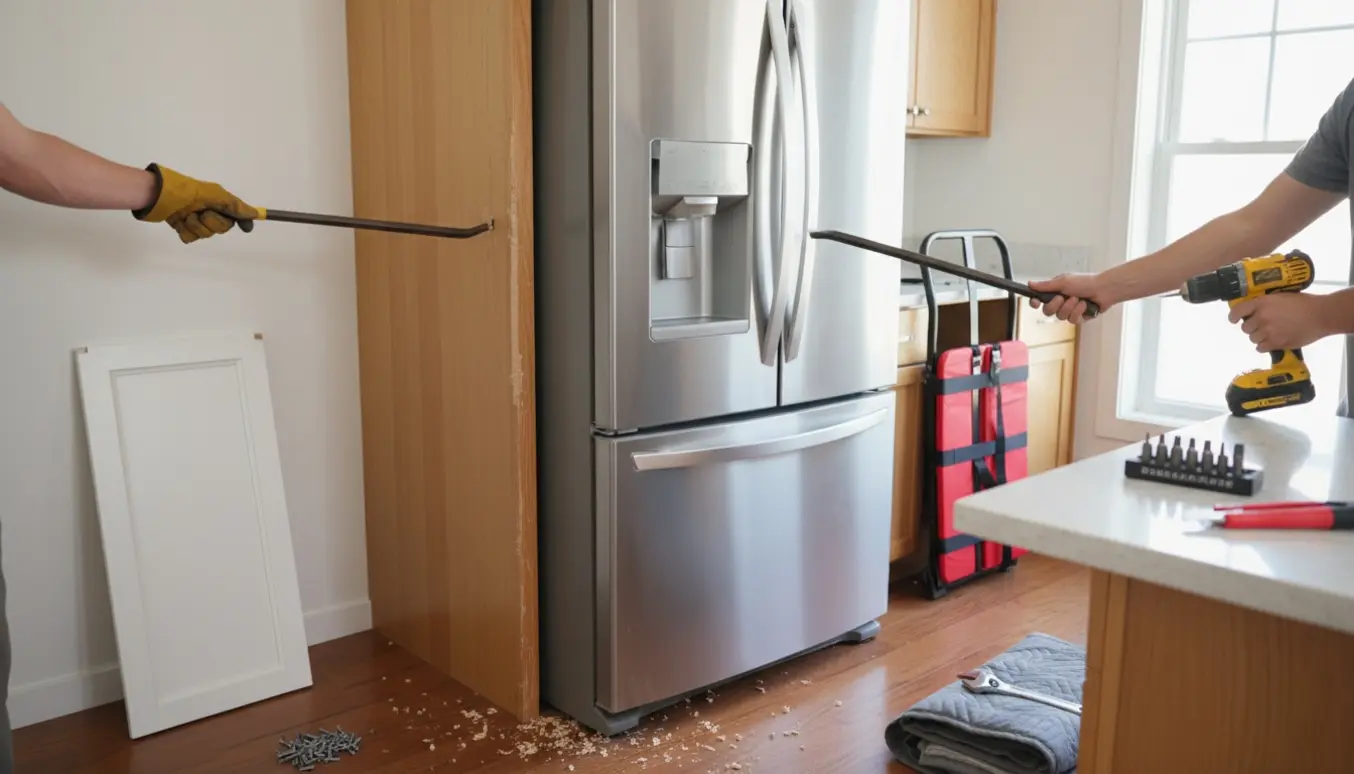 Et køle/fryseskab trækkes delvist ud af et indbygget skab i et lyst køkken, med værktøj og hænder i arbejdstøjet synlige.