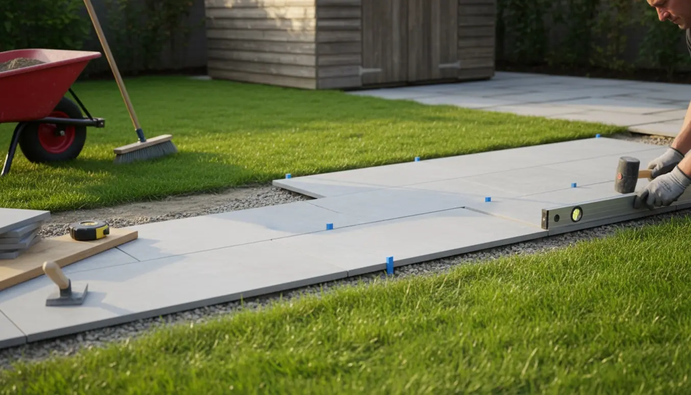 Partielt lagt terrasse med 30x60 cm fliser ved et skur, hænder justerer fliserne på sandunderlag.