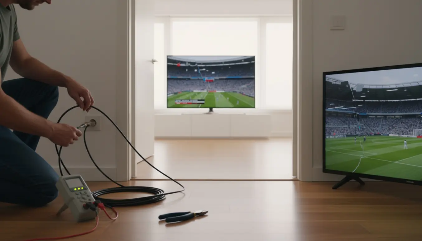 Hænder ved et åbent kabeludtag og en håndholdt signalmåler, mens en tv i et tilstødende rum viser et pixeleret billede.