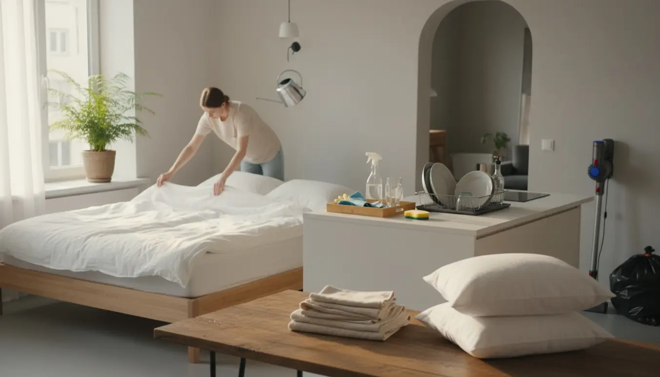 Hænder skifter sengetøj i en solfyldt lejlighed med rengøringsmidler, vandet plante og opvask på tørrestativ.