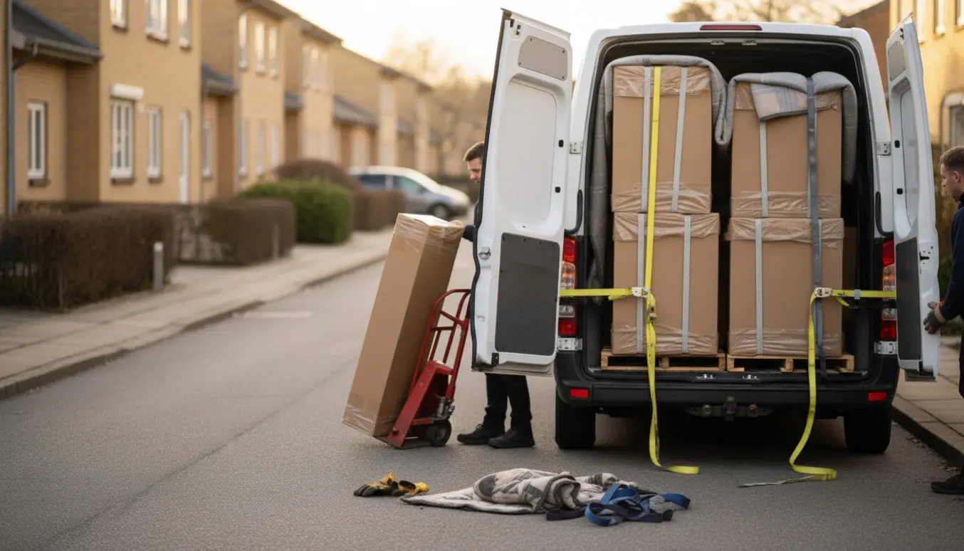 To lange og to korte flade reolsystemer bliver læsset i en varebil på en dansk forstadsgade.