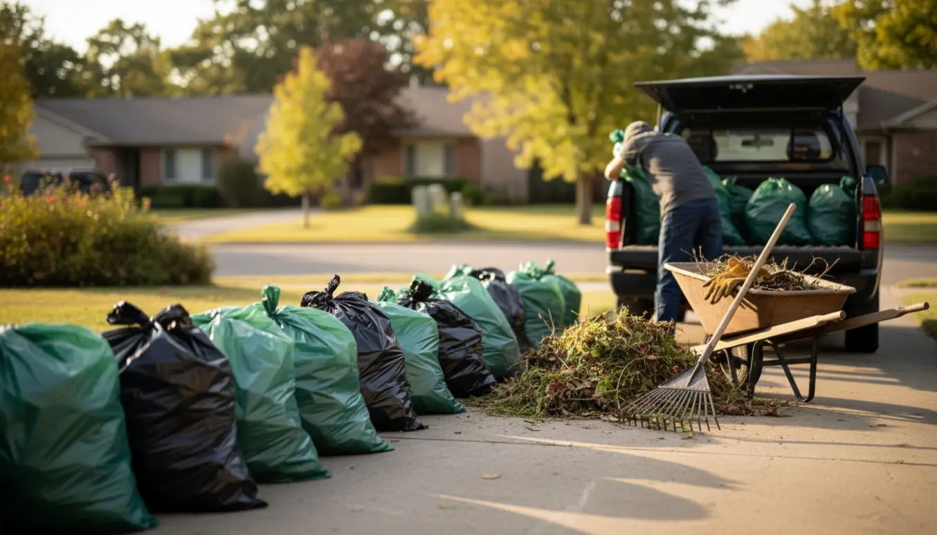 Omkring tyve plastsække med haveaffald på indkørsel ved siden af en bunke grene og haveredskaber.