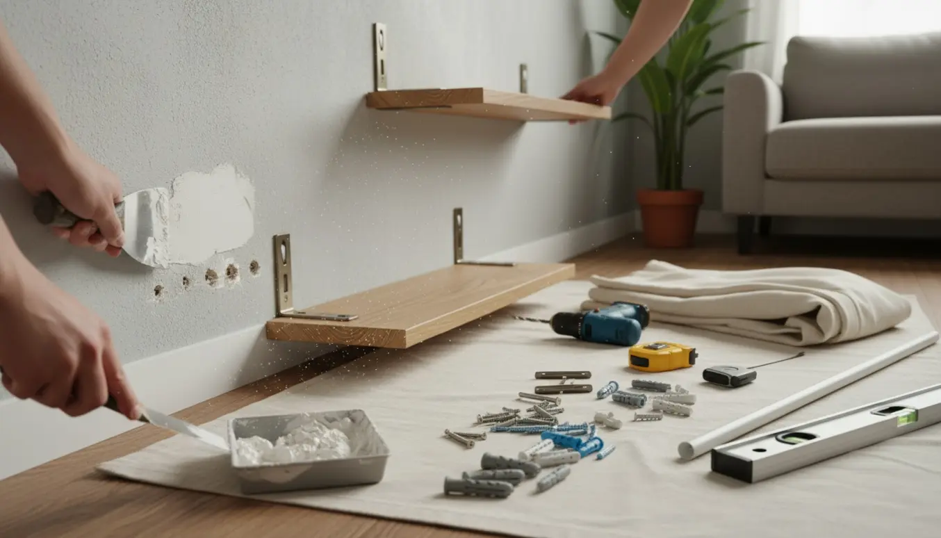 Hænder spartler huller i væg med hylde, beslag og gardiner klar til ophæng.