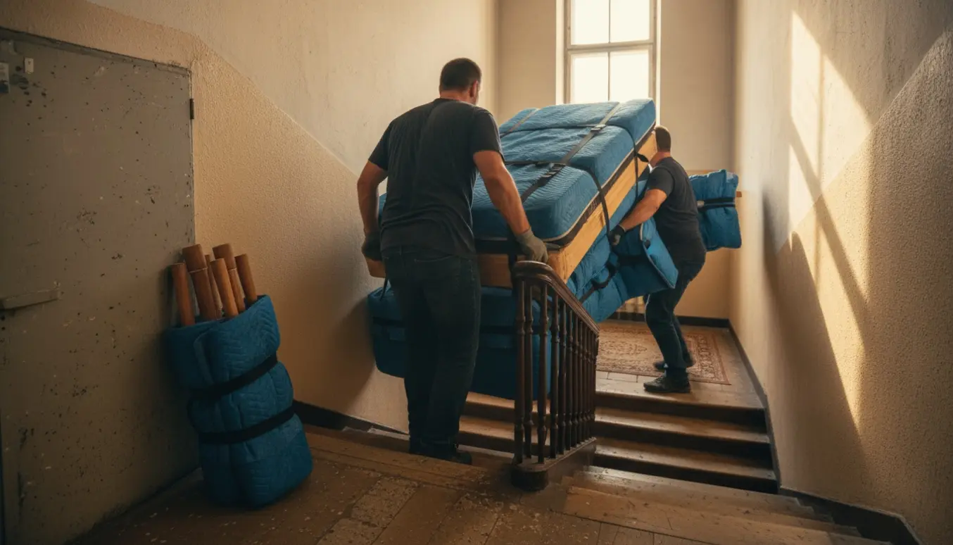 To flyttefolk bærer en 140x200 seng op ad en trang trappe, mens sengens ben ligger pakket ved siden af.