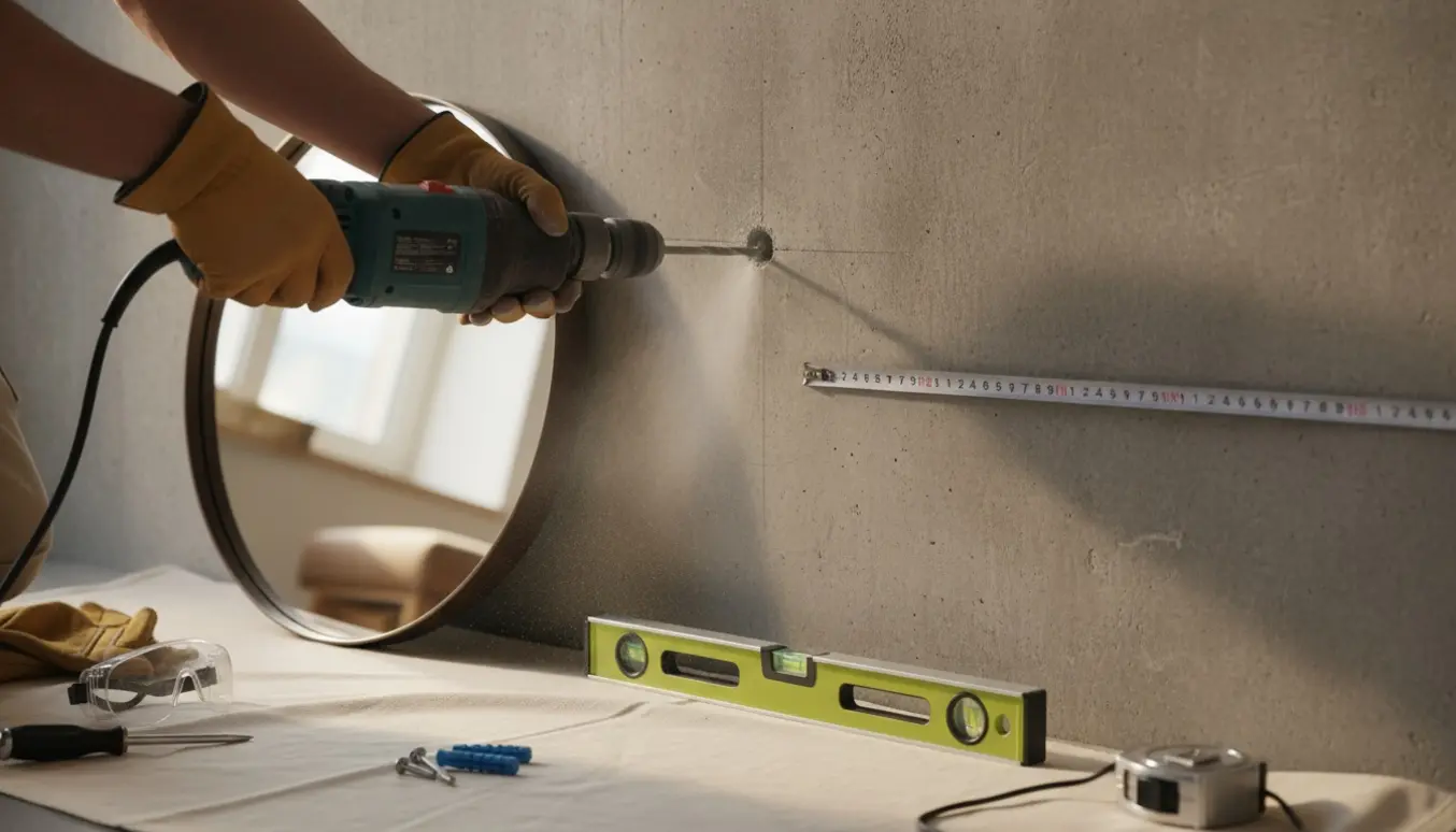 Hænger et mellemstort spejl (ca. 12–13 kg) op i en betonvæg med boremaskine, plugs og vaterpas.