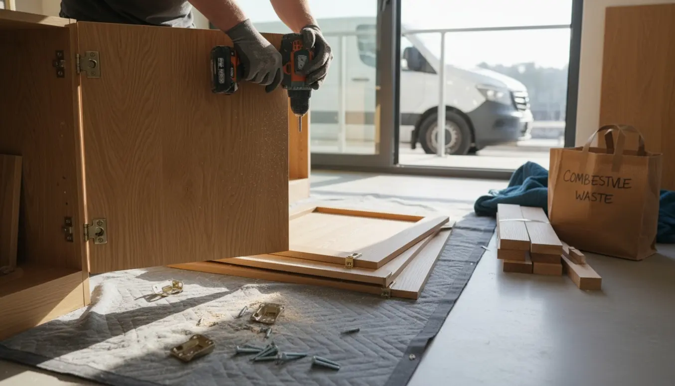 Nærbillede af afmontering af et træskab med løse paneler, værktøj og stak træ klar til bortkørsel.