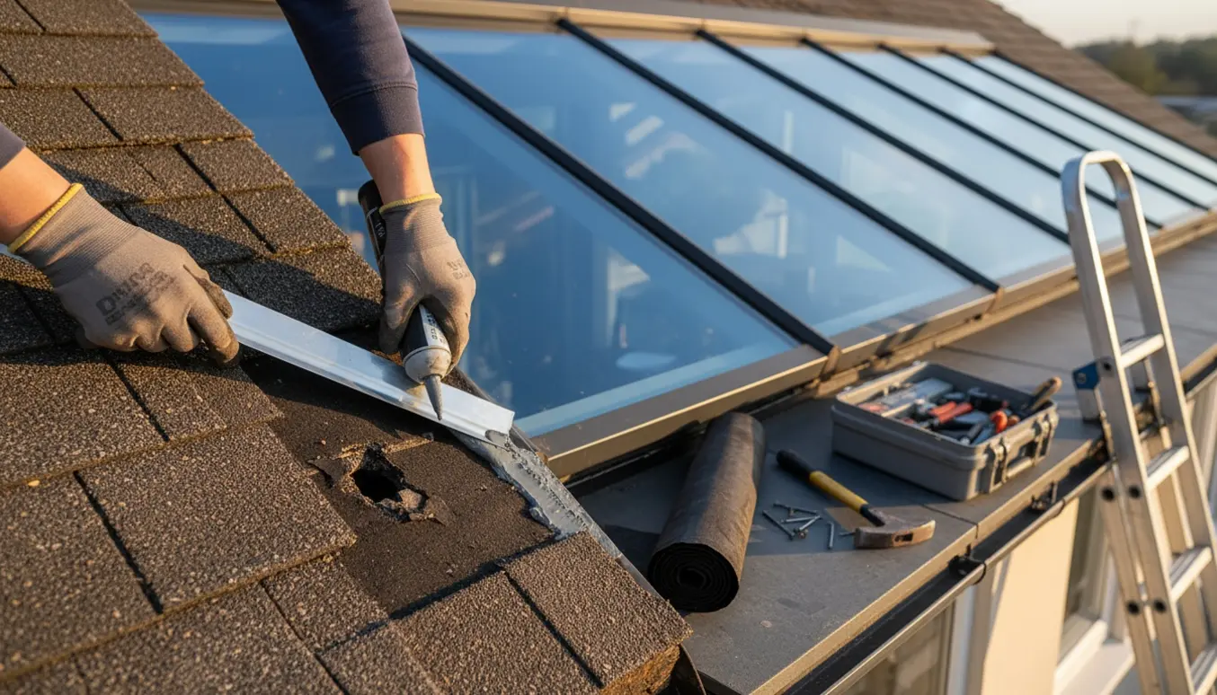 Nærbillede af håndværkerhænders reparation af hullet i taget ved samlingen mellem huset og udestuen.