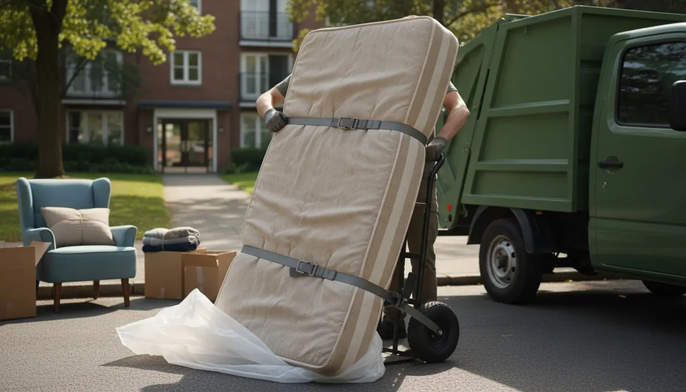 En smal madras sat ud til skrald ved fortovet, klar til afhentning.