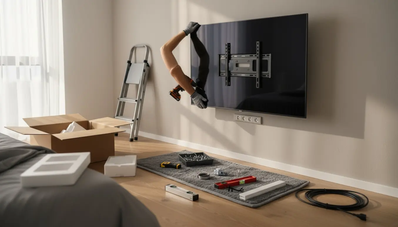 Hænder monterer et 55-tommers TV på væggen i et lyst soveværelse.