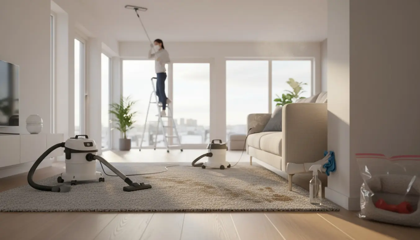 Professionelle dybderengør en lejlighed efter hund med støvsuger, tæpperenser og microfiberklude i naturligt lys.