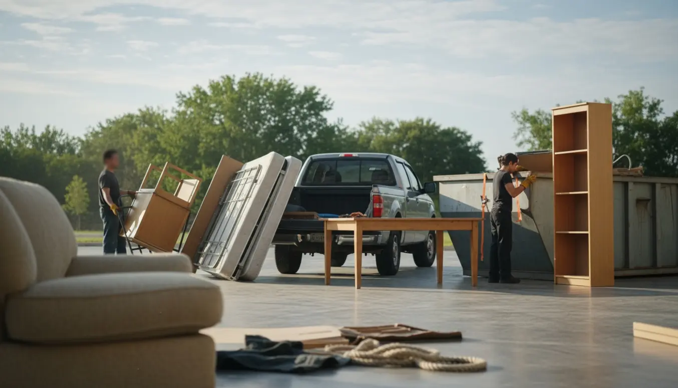 Sofa, seng, bord og reol læsses af i en container på en genbrugsplads.