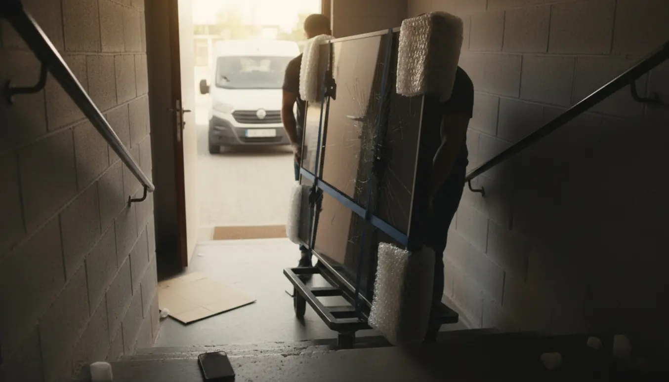 Et stort ødelagt fladskærms-tv på en tralle i kælderen, klar til afhentning.