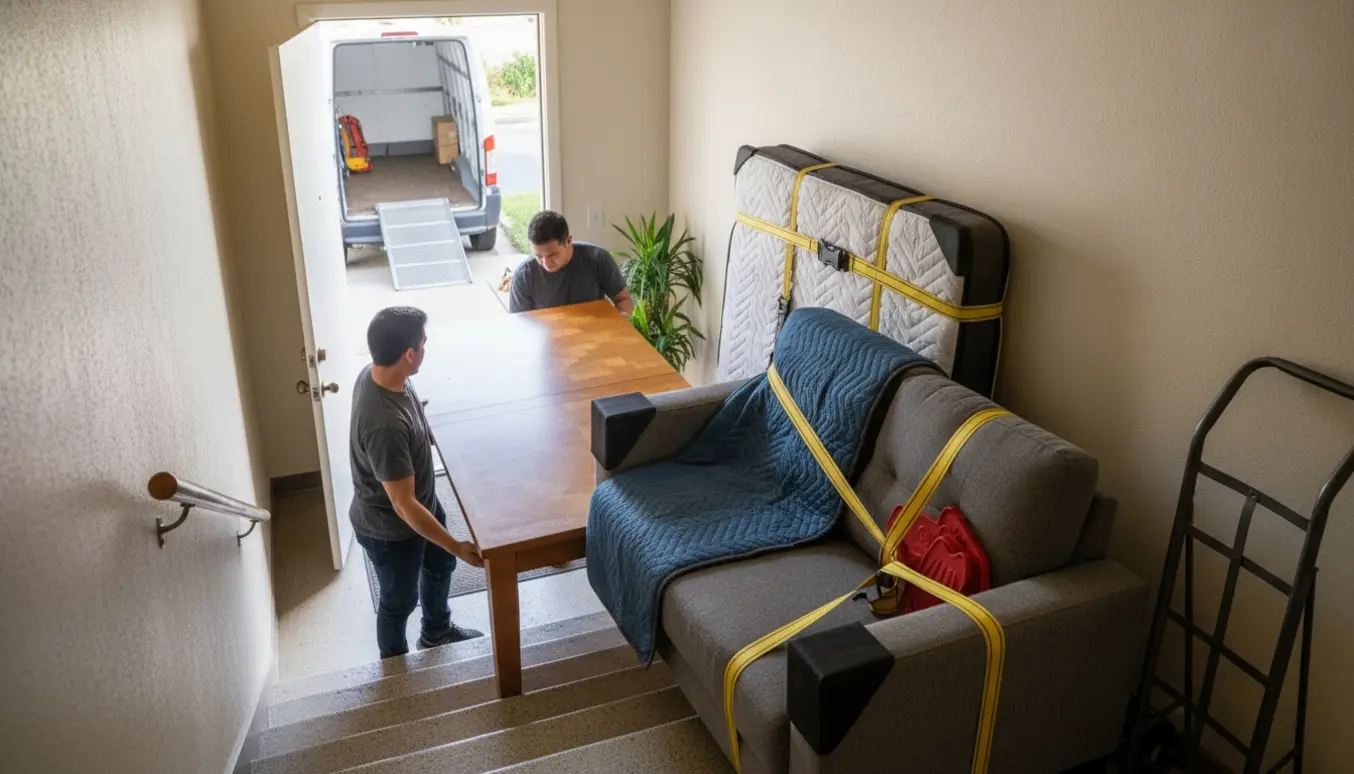 To personer bærer et tungt spisebord ned ad en trappe med flyttetæpper og flytteudstyr, ansigter ikke synlige.