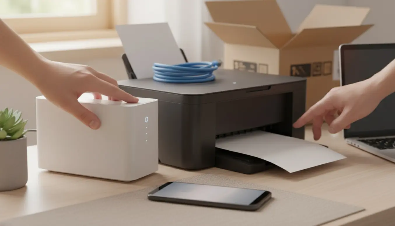 Hænder forbinder en kompakt printer til en ny router på et skrivebord med smartphone og kabler i baggrunden.