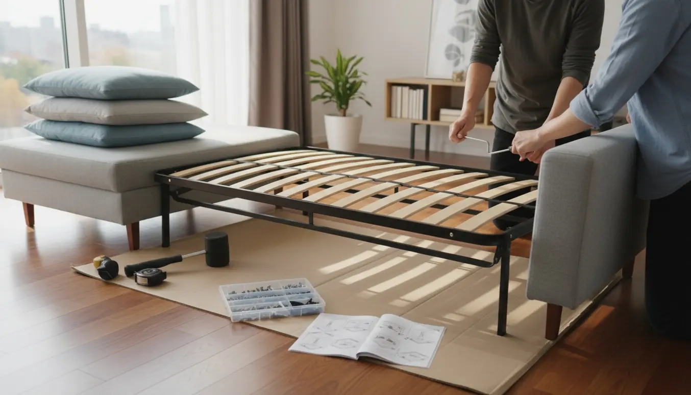 To personer samler en 3-personers sovesofa og chaiselong i en lys, ryddelig stue med værktøj og polstrede dele.