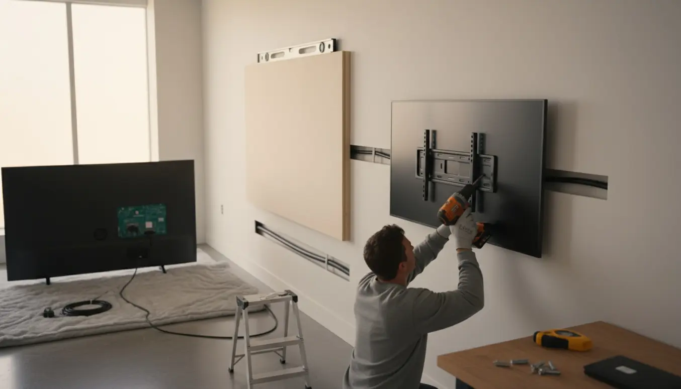 Installation af tv og opslagstavle på gipsvæg med værktøj og skjulte kabler.