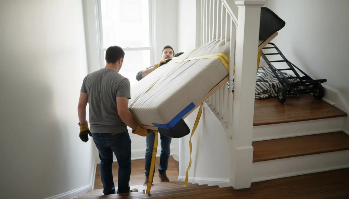 To personer bærer en daybed op ad en indendørs trappe med flyttetæpper og stropper.