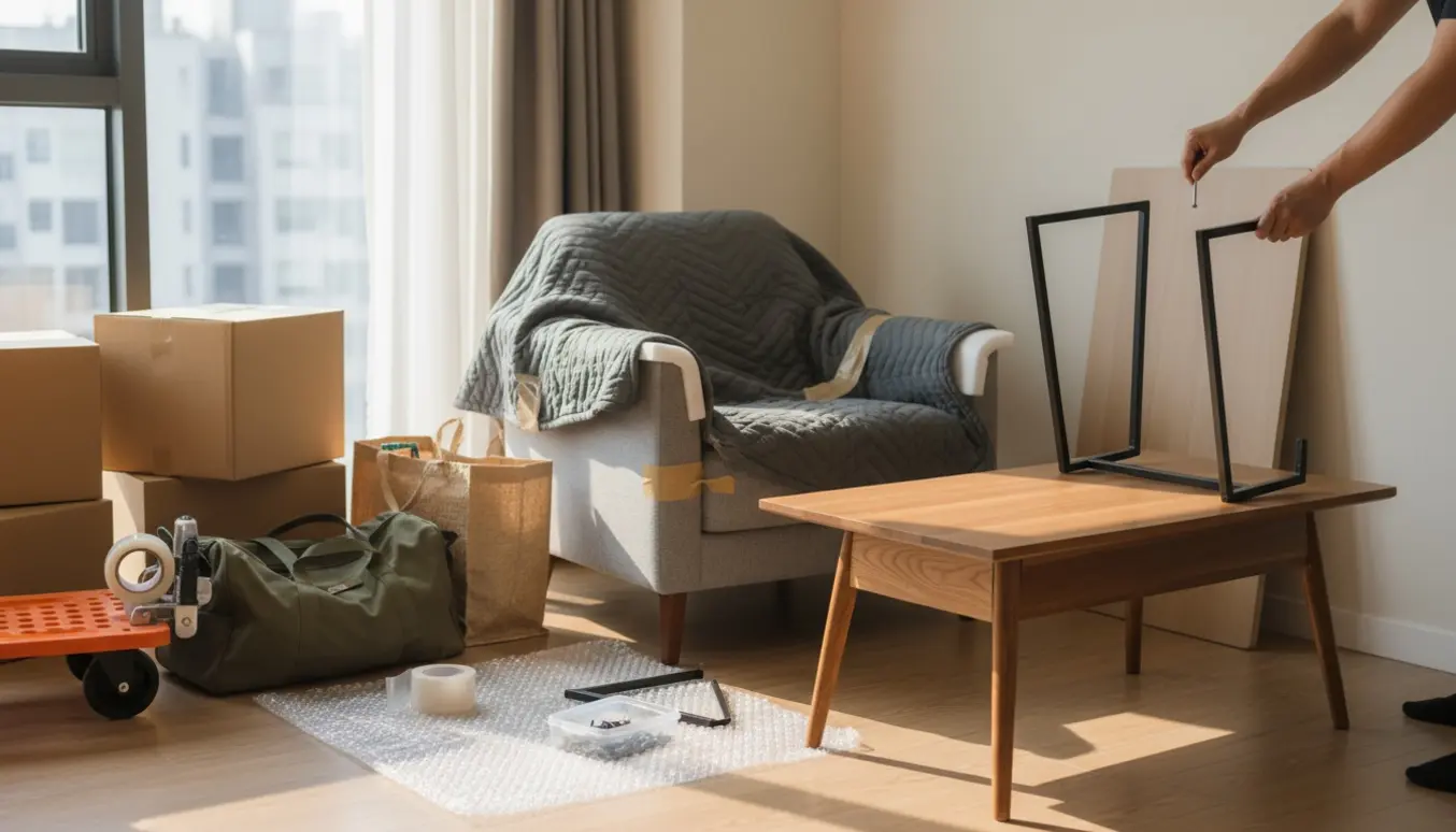 Udpakningsklar stue med skillbart skrivebord, sofabord, lænestol og tasker klar til flytning.