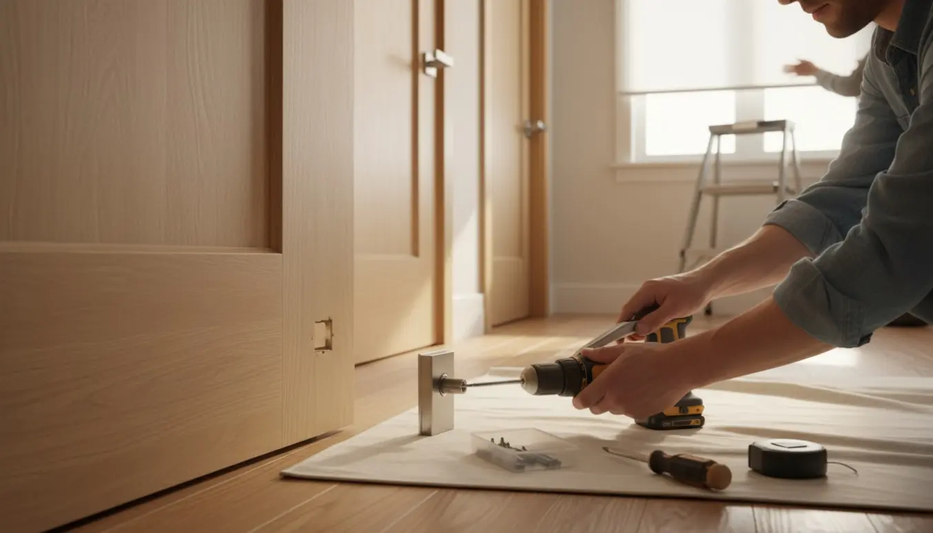 Nærbillede af udskiftning af dørhåndtag og montering af rullegardin i en lys entré.