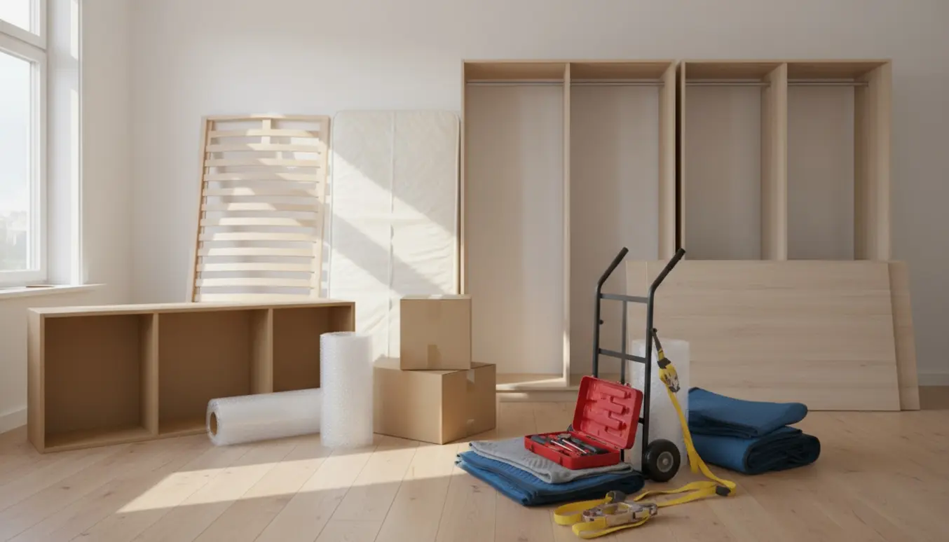 Tom seng, reol og to skabe samlet og pakket i et lyst værelse klar til afhentning.