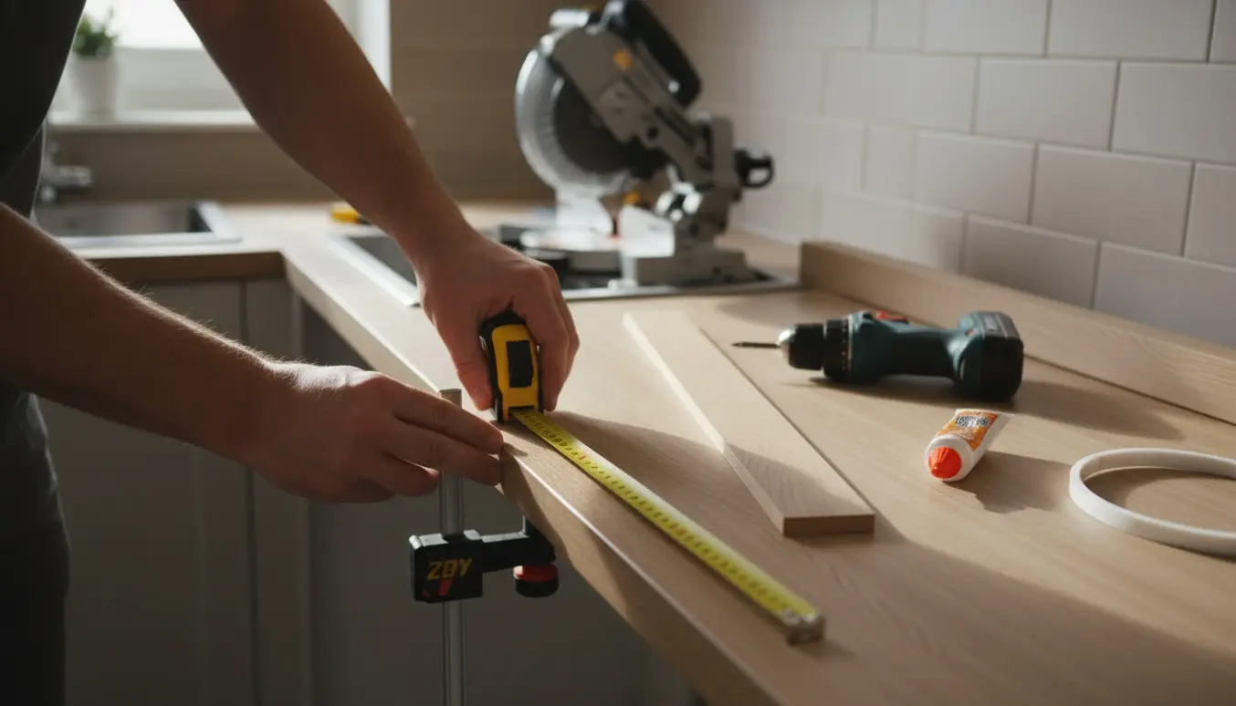Hænder måler og monterer tre lister langs en køkkenbordplade.